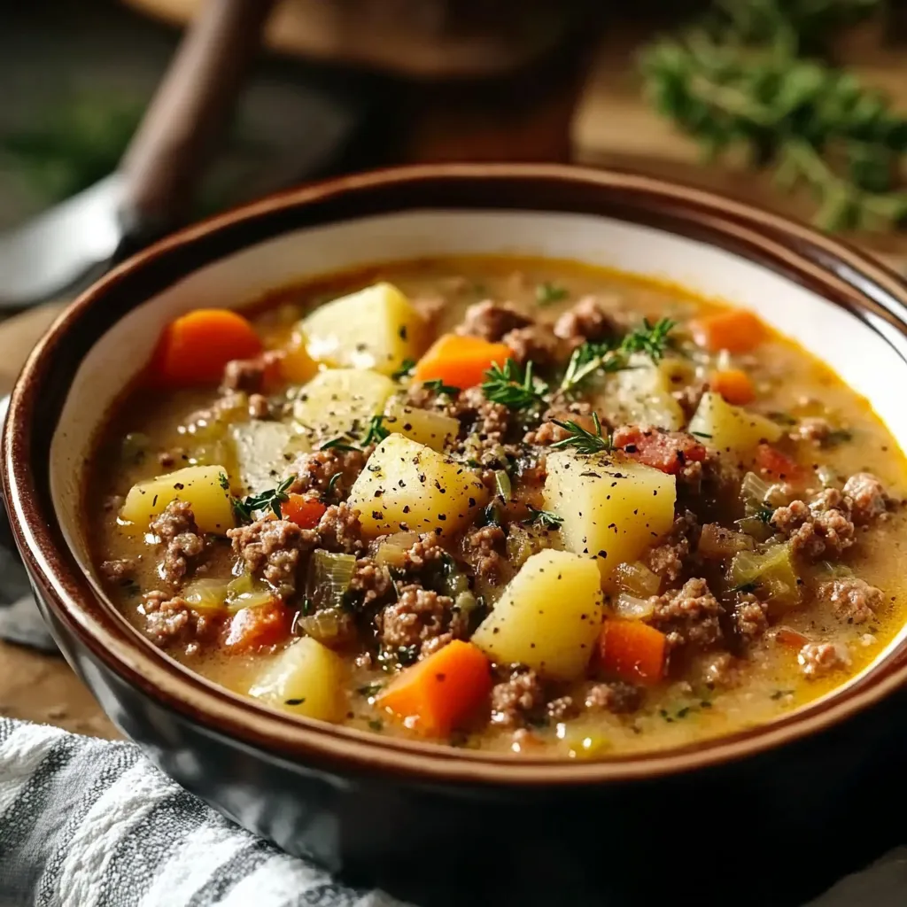 Delectable Chunky Ground Beef and Potato Soup