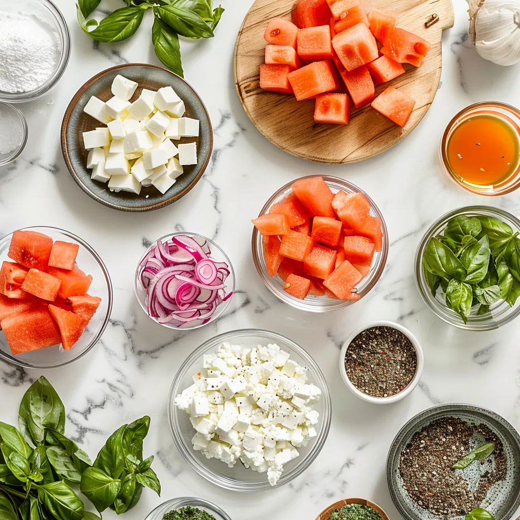 Flavorful Watermelon Basil Salad with Feta ingredients