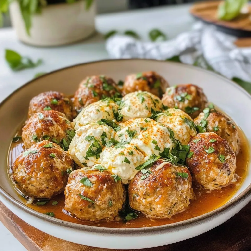 Greek Chicken Meatballs with Whipped Feta Cheese Exquisite