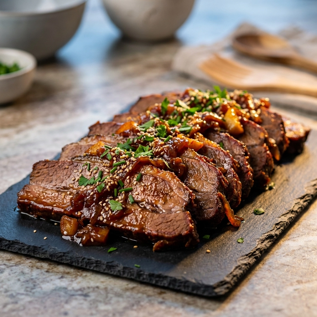 Coffee Chili Glazed Slow Cooker Beef Brisket With Onion Apple Swirl | Slow Cooker Beef