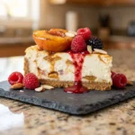 Caramel Swirled Summer Berry Peach Cheesecake | Easy Summer Dessert Recipe