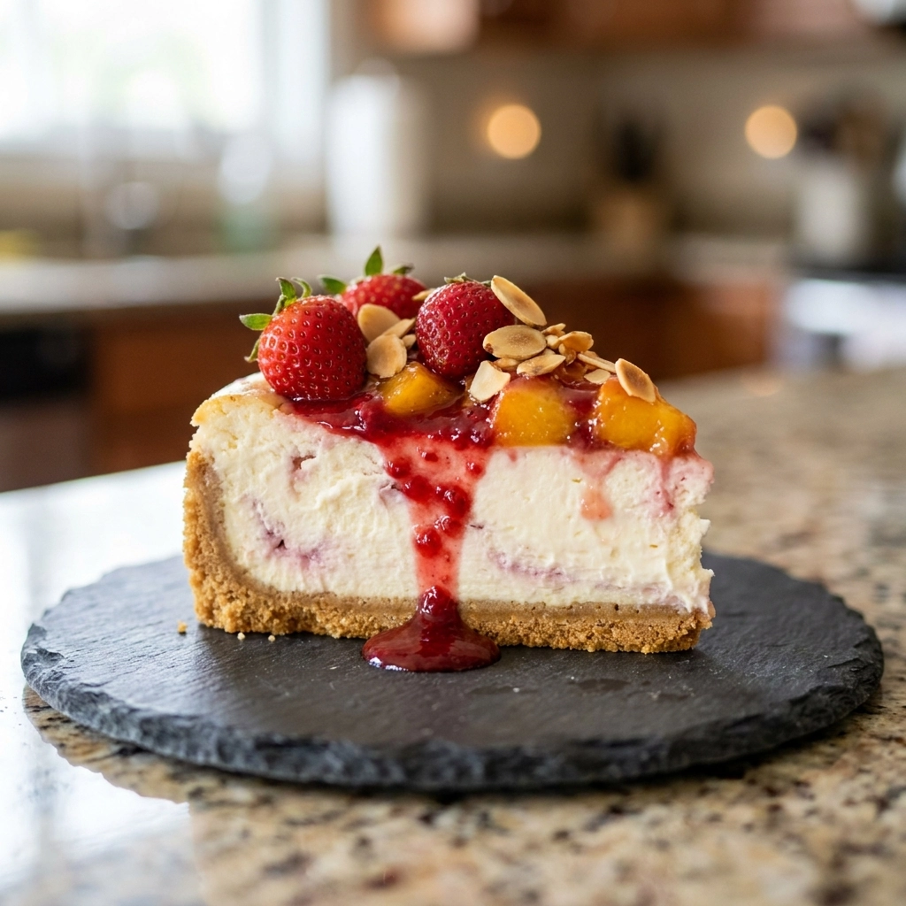 Caramel Swirled Summer Berry Peach Cheesecake | Easy Summer Dessert Recipe