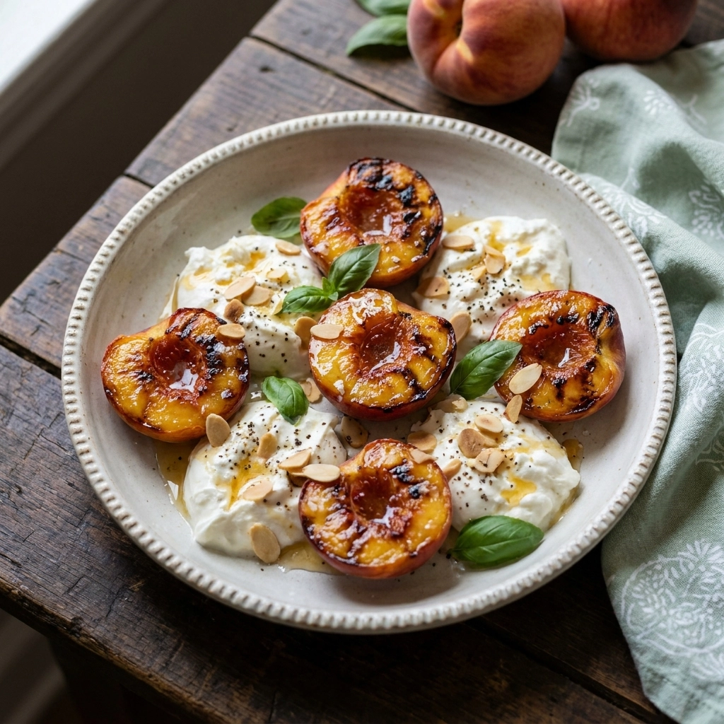 Fresh Grilled Peach and Burrata Salad Recipe: Easy Summer Salad with Basil and Almonds | Healthy Summer Appetizer