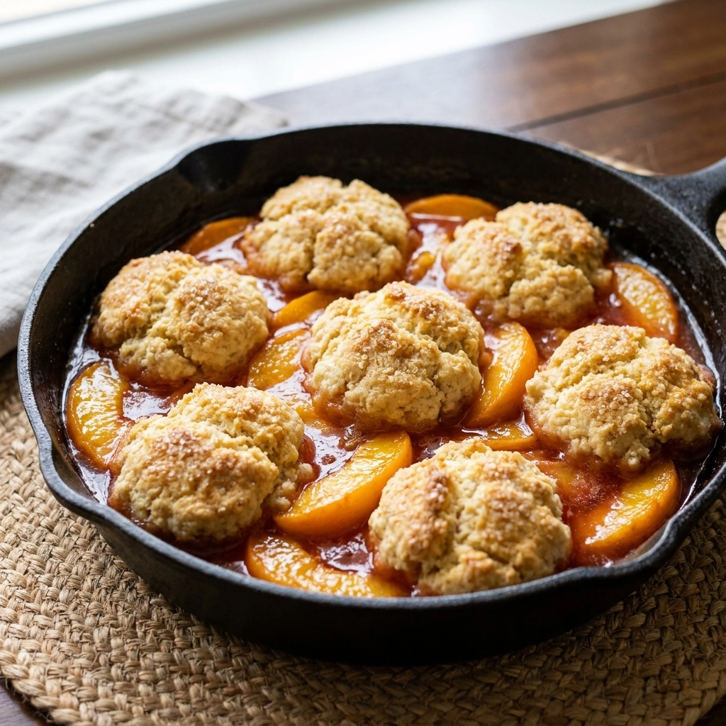 Cozy Peach Cobbler Skillet Recipe: Easy Homemade Fluffy Biscuit Topping | Summer Dessert