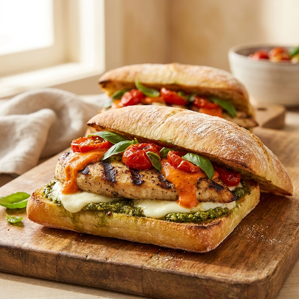 Flavorful Pesto Caprese Grilled Chicken Ciabatta Sandwich | Easy Gourmet Lunch Idea