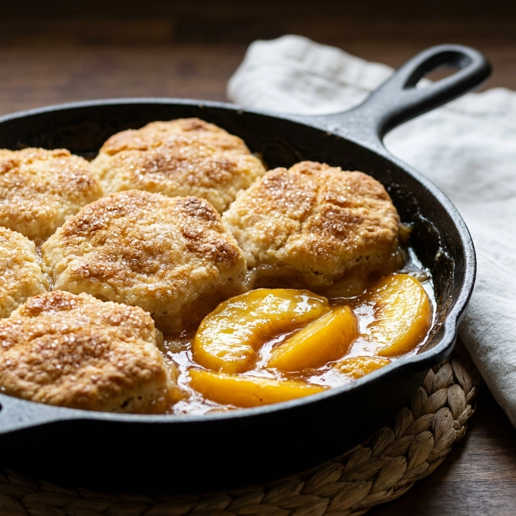 Cozy Peach Cobbler Skillet Recipe: Easy Homemade Fluffy Biscuit Topping | Summer Dessert
